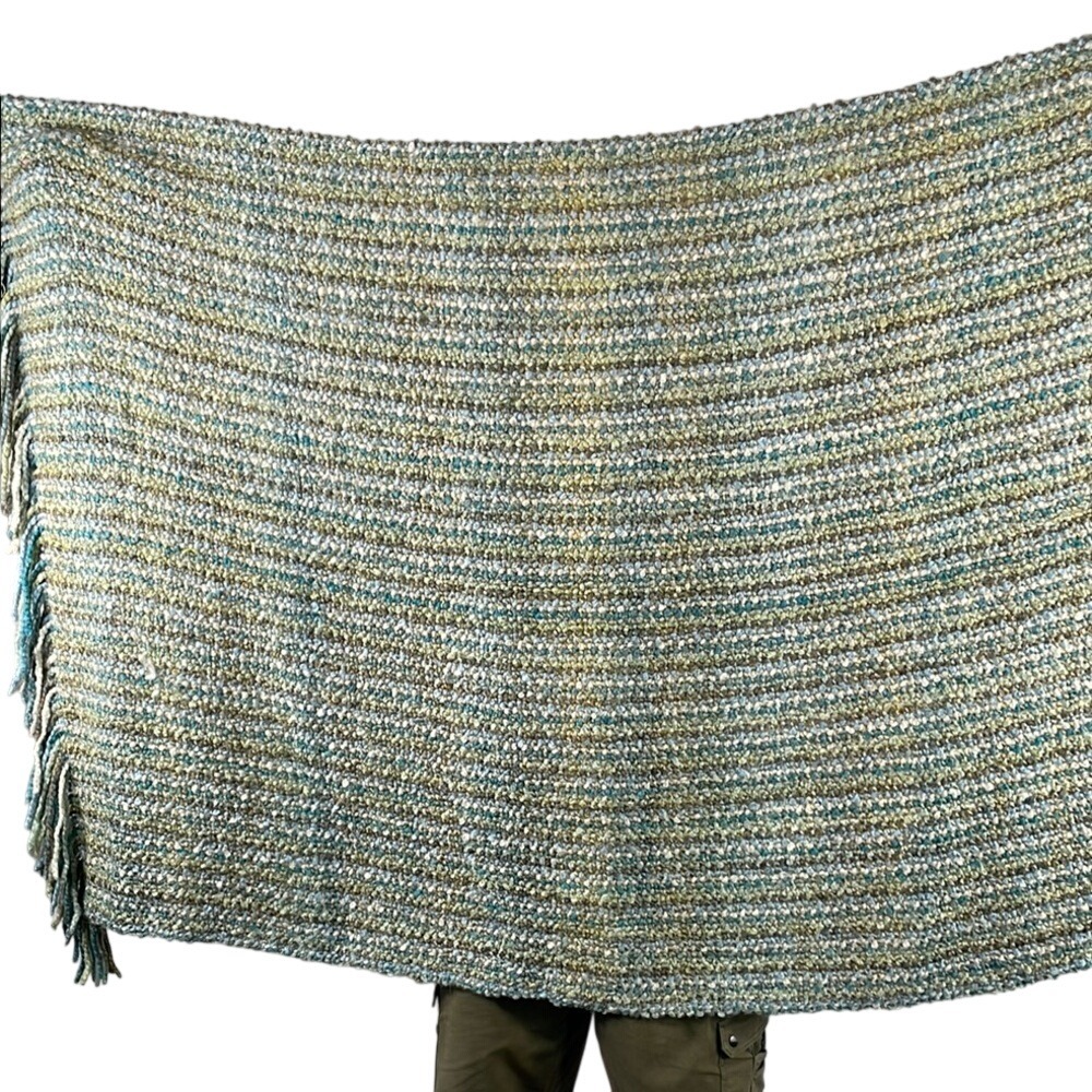 Kennebunk Home Woven Throw Blanket Green Blue Striped Fringe Made in USA - Picture 2 of 4